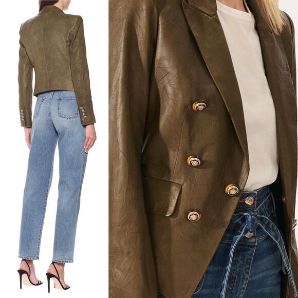 Sz 2 Veronica Beard Cooke Leather Dickey Jacket Blazer Olive Green - Picture 3 of 14